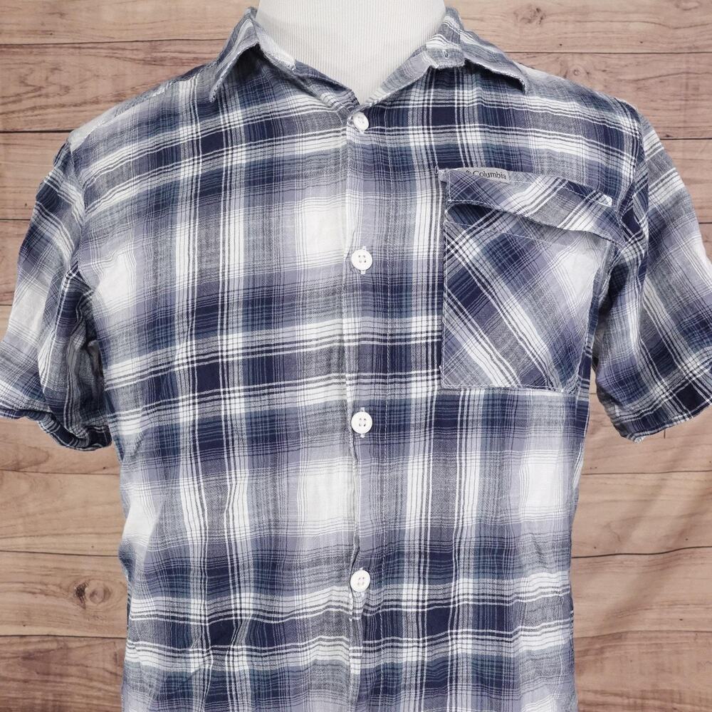 Columbia Shirt Mens Medium Blue Gray Plaid Short‎ Sleeve Button Up Regular Fit